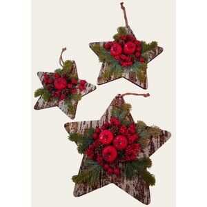 Set Of 3 Rustic Star-Shaped Christmas Wall Decorations With Faux Apples Berries